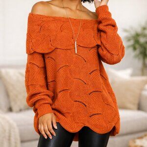 NWT L Love Fold Over Neckline Scalloped Sweater